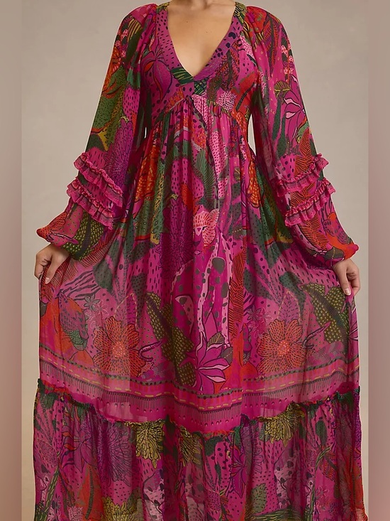 FARM Rio Dresses & Skirts - ▪️Farm Rio Long-Sleeve V-Neck Dress Pink Cool Leopards Maxi